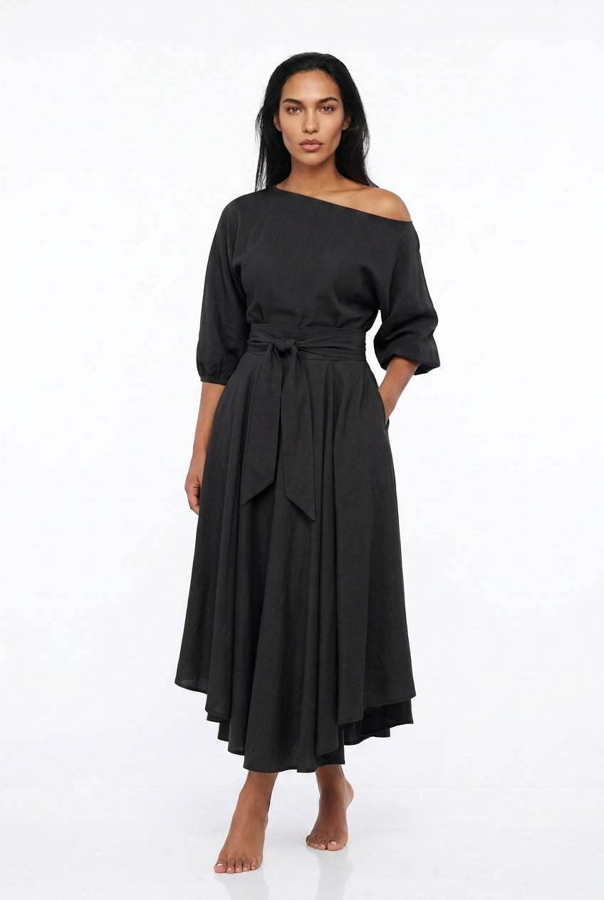 Women's Off-Shoulder Midi Dress – Belted A-Line