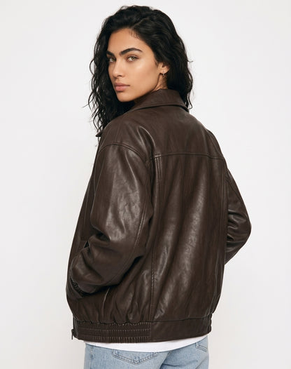Brown Oversized Leather Bomber Jacket Women | Faux Leather Zip Up Aviator Jacket