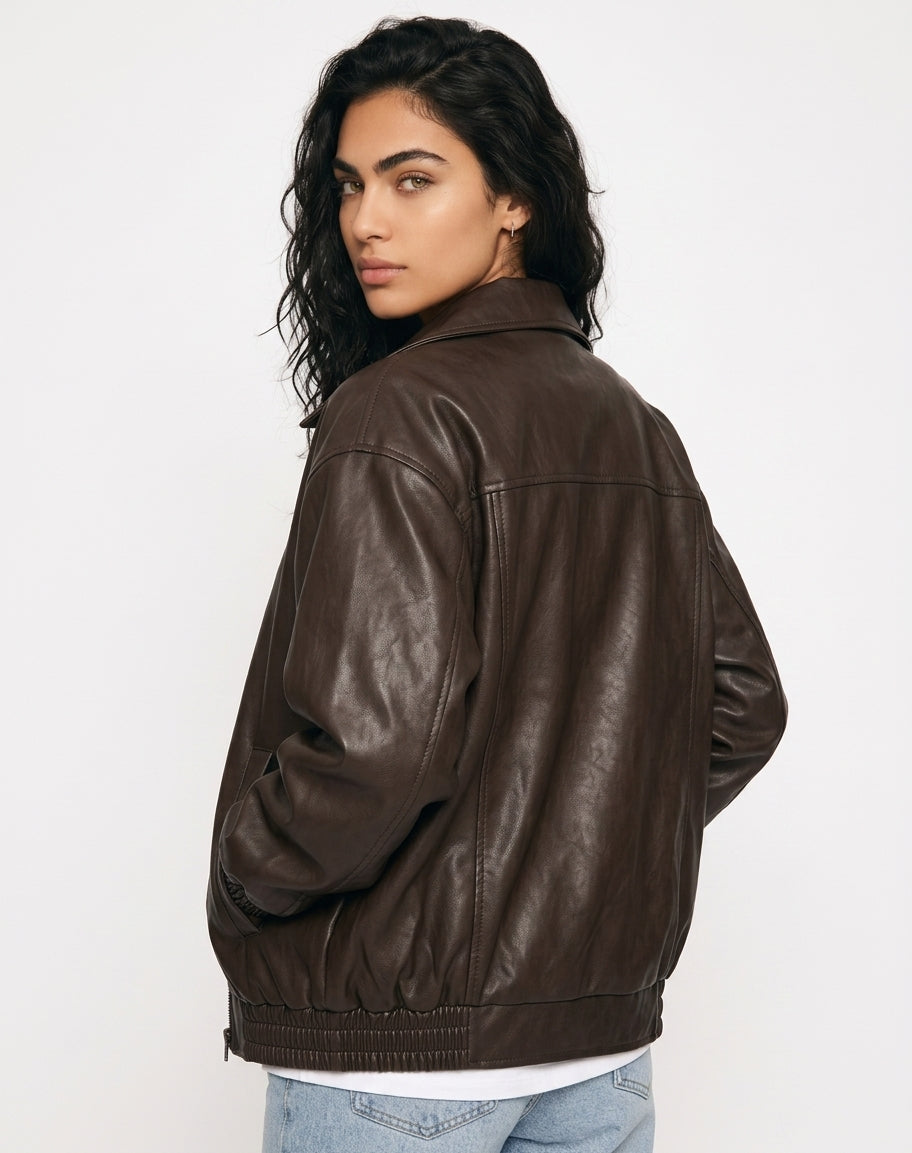 Brown Oversized Leather Bomber Jacket Women | Faux Leather Zip Up Aviator Jacket