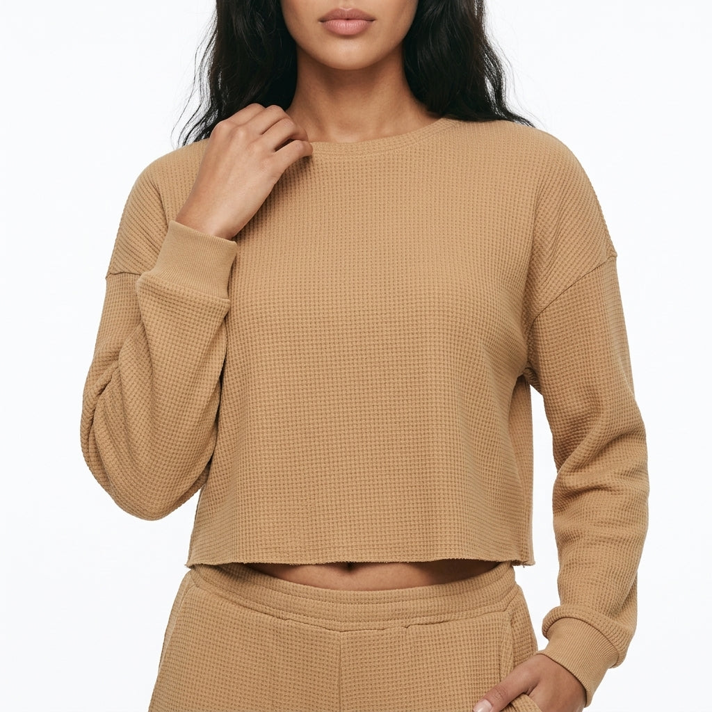 Waffle Knit Lounge Set – Crop Top & Wide Leg Trousers
