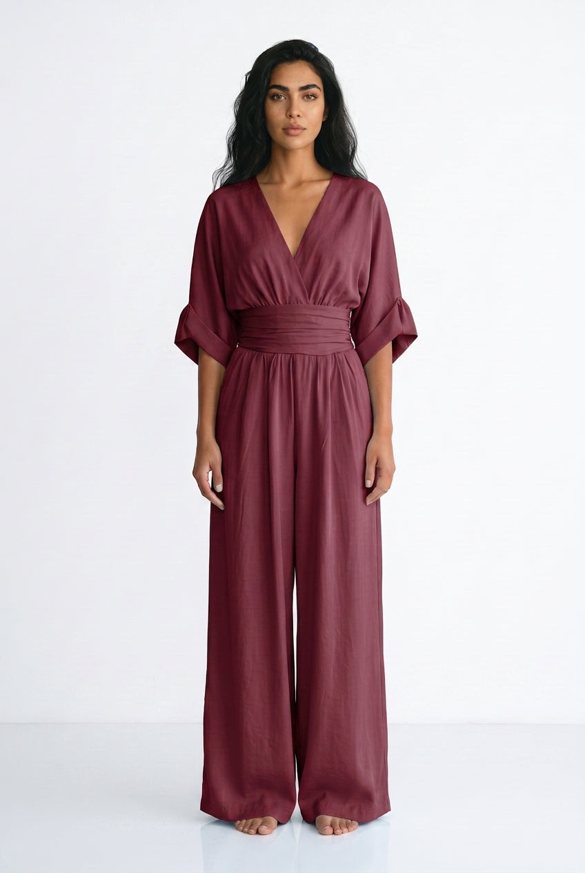 Women's Wide Leg Jumpsuit – V-Neck Belted Occasion