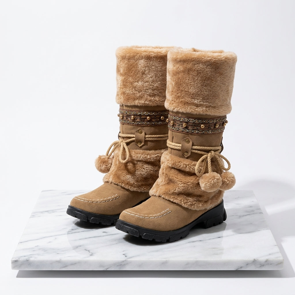Women's Faux Fur Mid-Calf Winter Boots with Beaded Trim