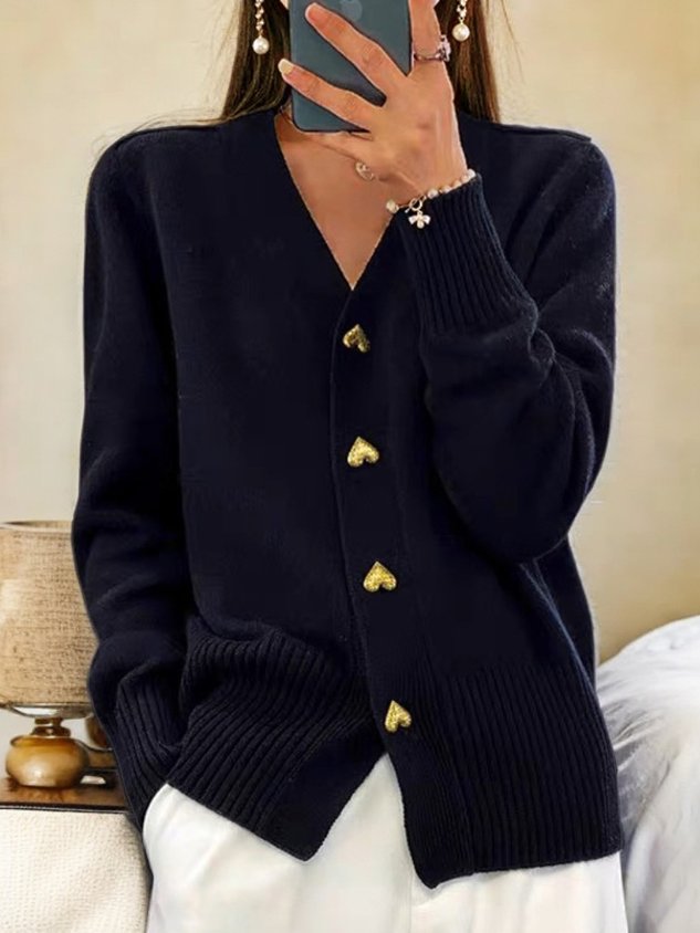 Women's V-Neck Knit Cardigan – Heart-Button Detail