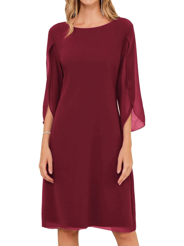 Women's Chiffon Split-Sleeve Midi Dress – A-Line Occasion