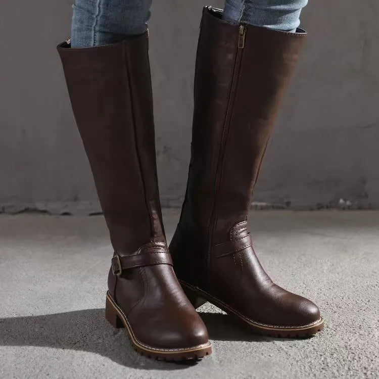 Women's Faux Leather Knee-High Boots – Buckle Detail Block Heel