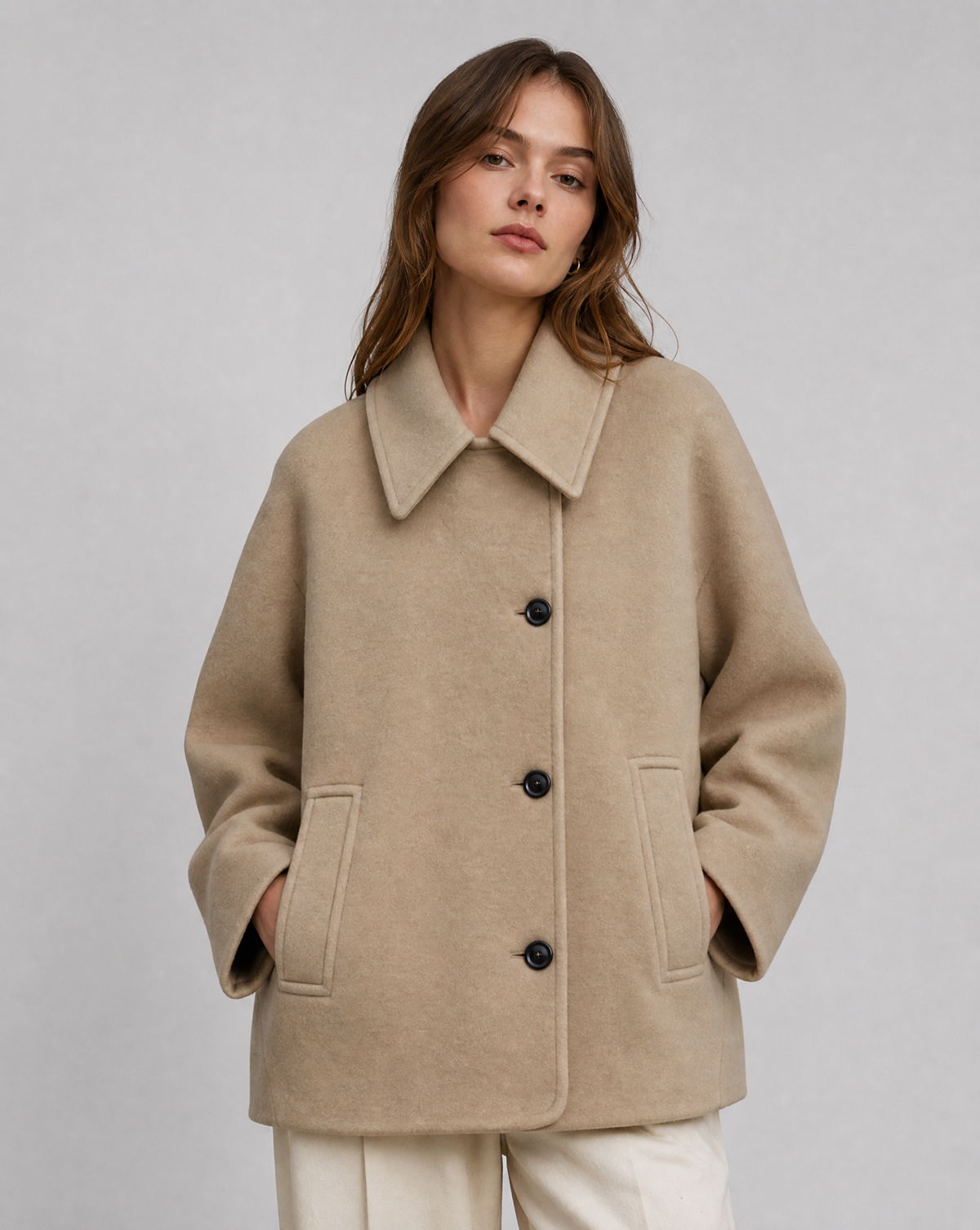 Women's Camel Wool-Blend Oversized Short Coat Jacket