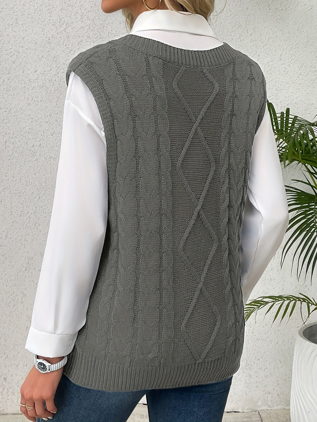 Women's Cable Knit V-Neck Jumper Vest, Preppy Layering Piece