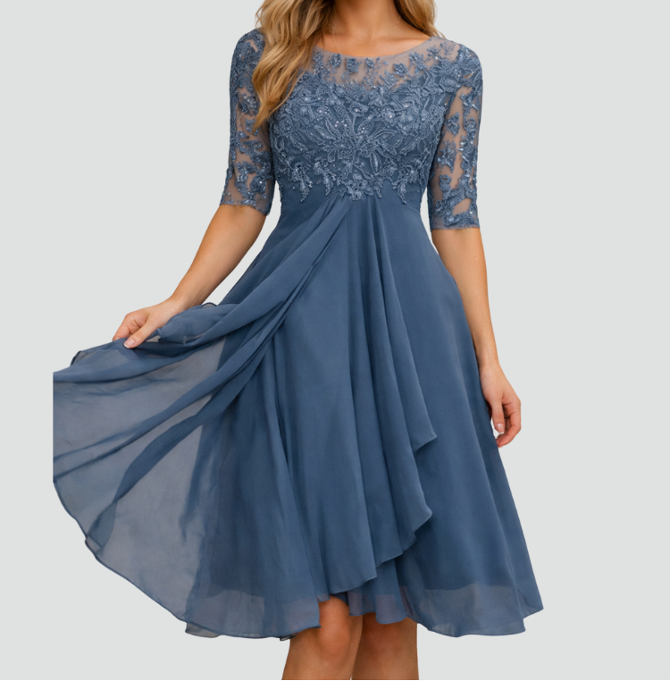 Women's Lace Bodice Midi Dress – Chiffon A-Line Party Dress