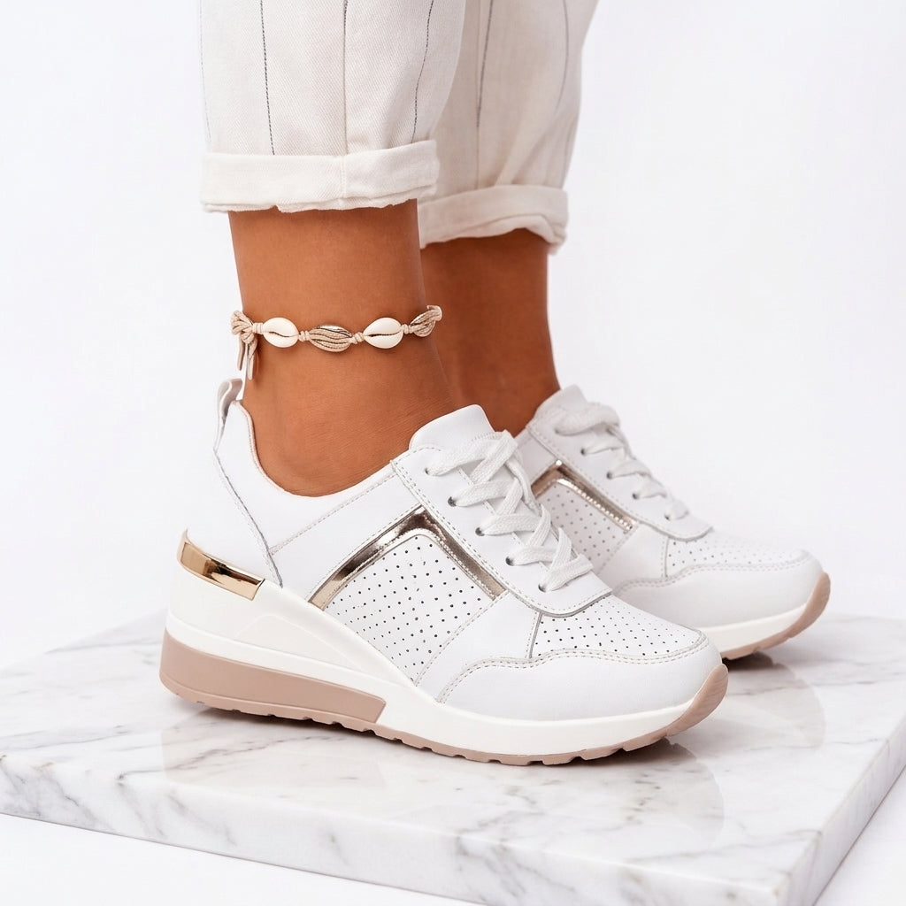 Women's Wedge Sneakers – Cushioned Comfort Trainers with Gold Detail