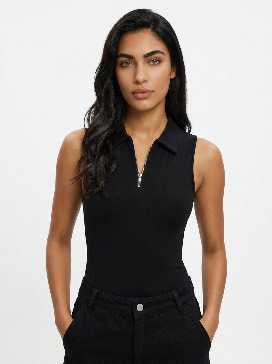 Women's Sleeveless Bodysuit – Collared Zip Up Bodysuit Top