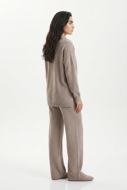 Women's Knitted Co-ord Set – Polo Collar & Wide Leg Trousers