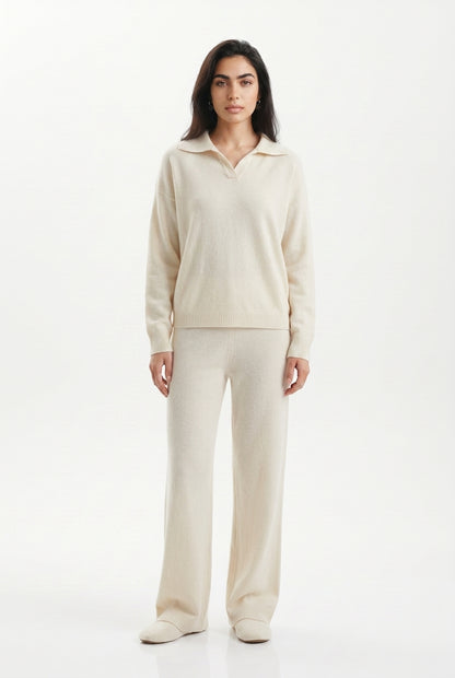 Women's Knitted Co-ord Set – Polo Collar & Wide Leg Trousers