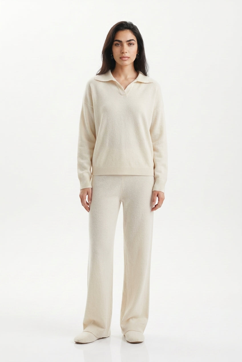 Women's Knitted Co-ord Set – Polo Collar & Wide Leg Trousers