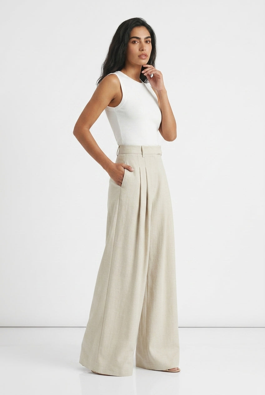 Women's Wide Leg Linen-Blend Trousers – High-Waist Pleated