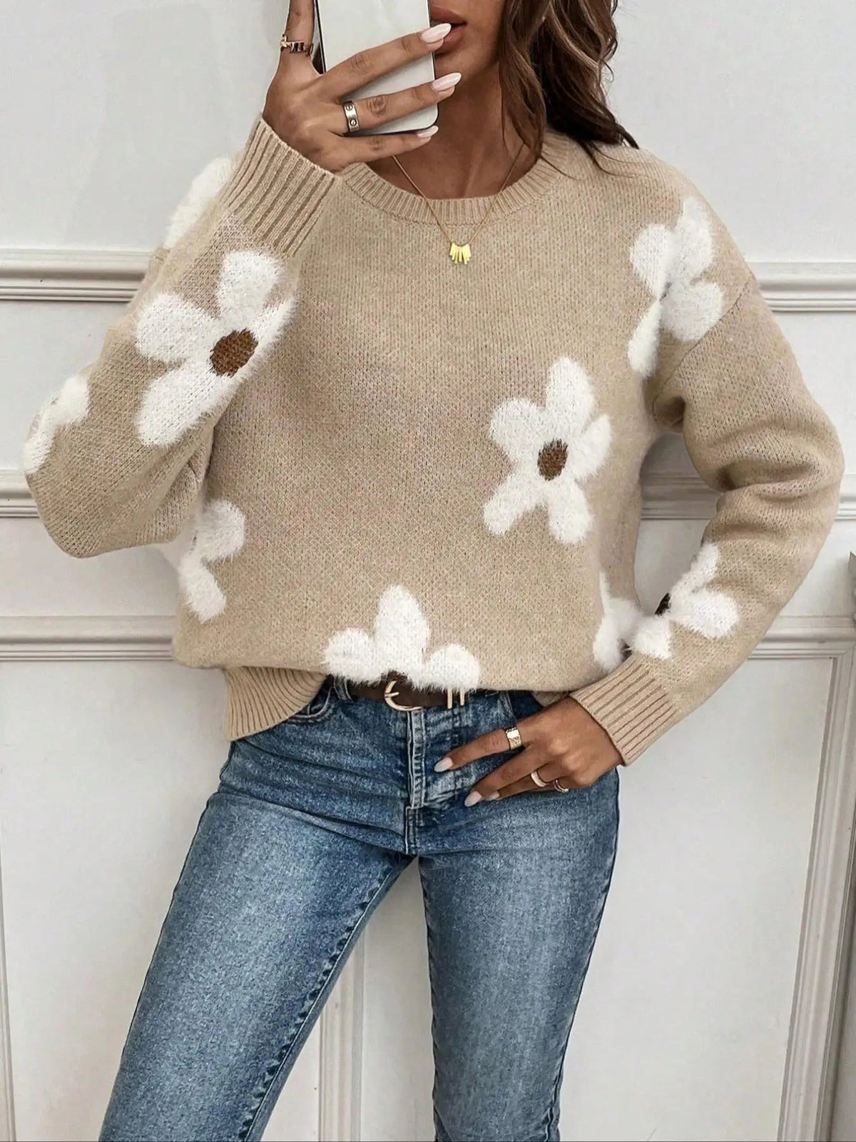 Women's Camel Floral Knit Jumper – Round Neck Winter Sweater