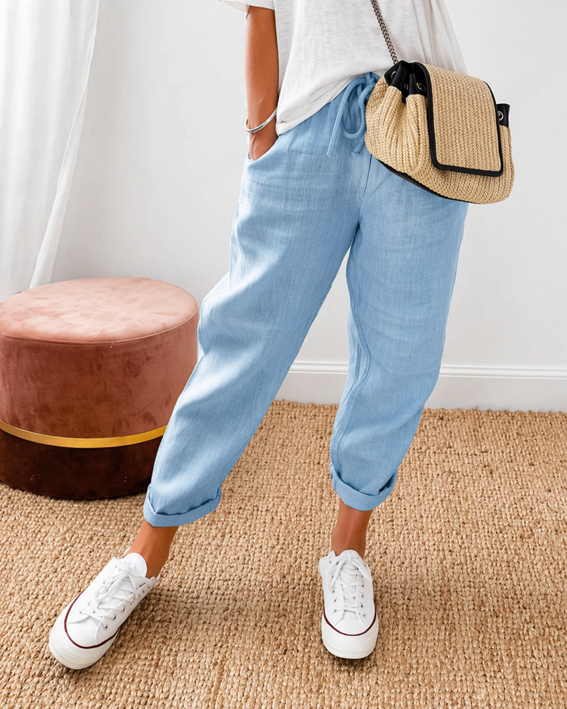 Women's Linen Jogger Trousers – Drawstring Tapered Fit