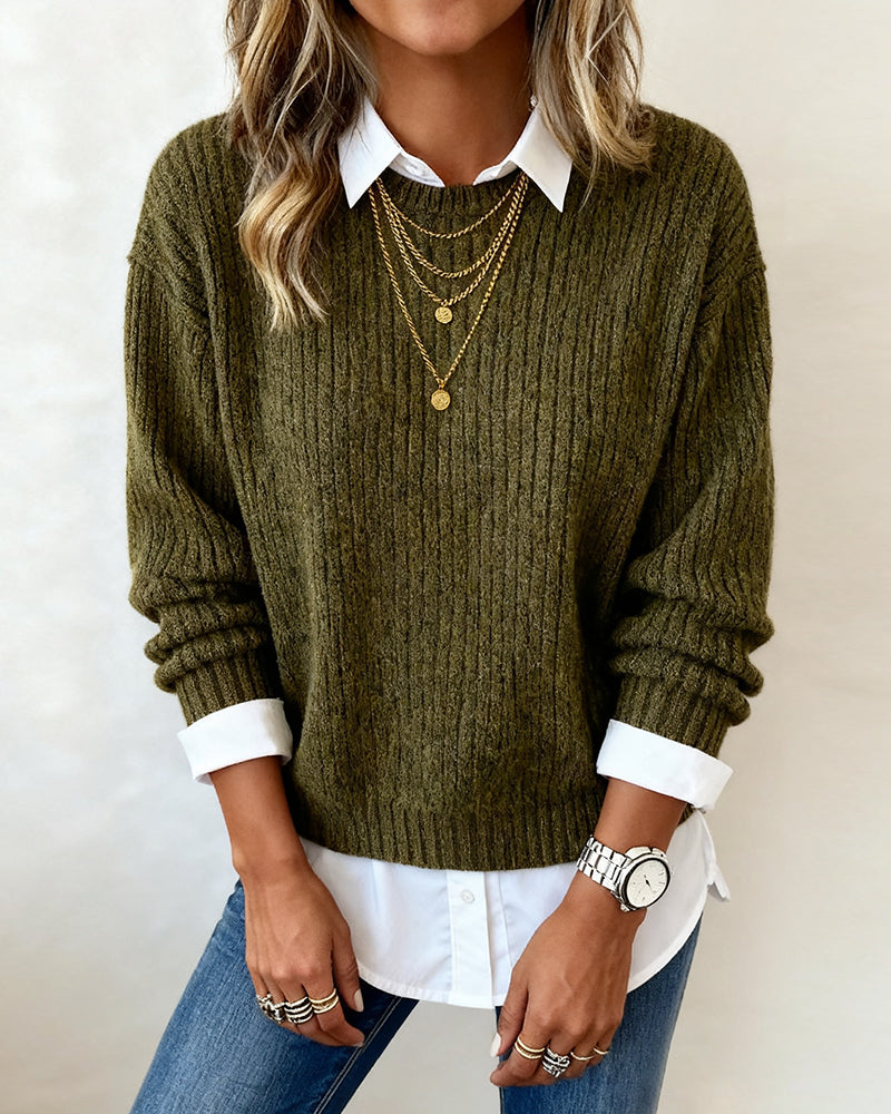 Women's Shirt-Collar Knit Jumper - Layered Look