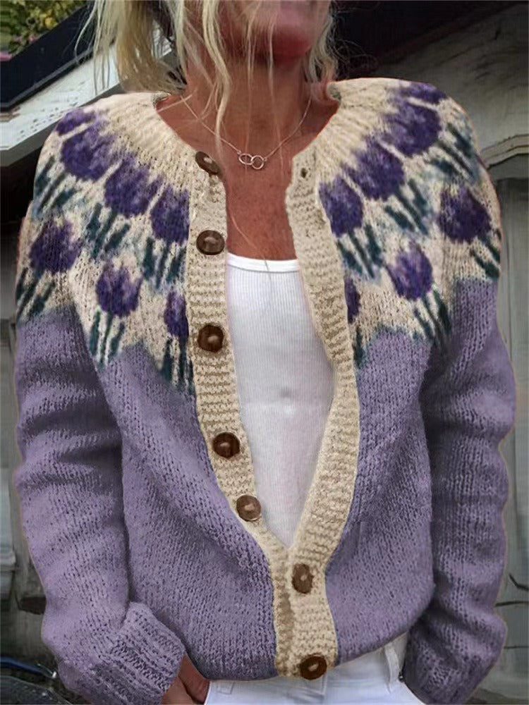 Women's Fair Isle Knit Cardigan – Floral Yoke Button-Front