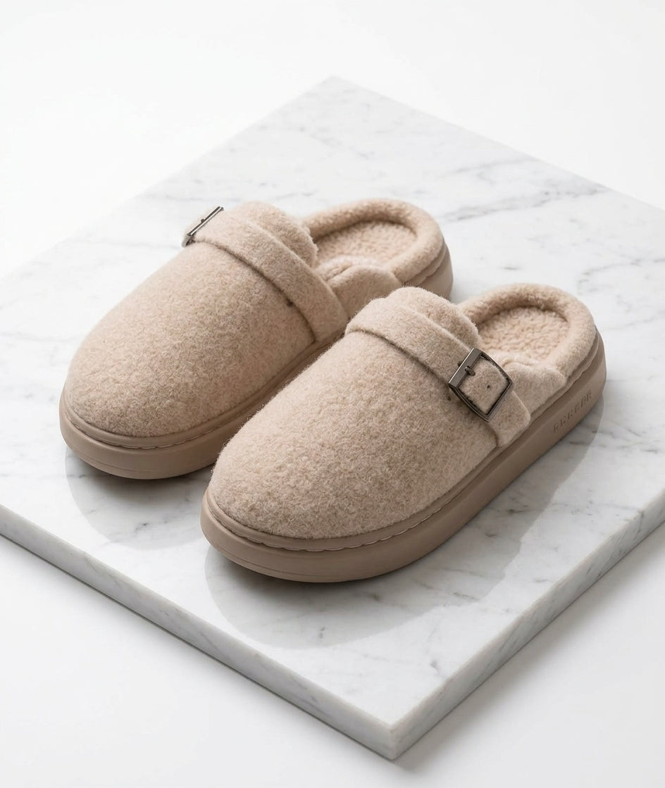 Women's Fleece Lined Buckle Slippers – Platform Sole Comfort Mules