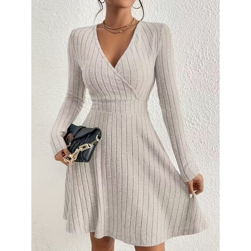 Women's Ribbed Wrap Neck A-Line Dress – Knee-Length Knit Dress
