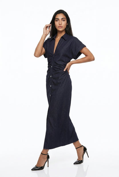 Women's Denim Midi Dress – Ruched Waist Button-Through
