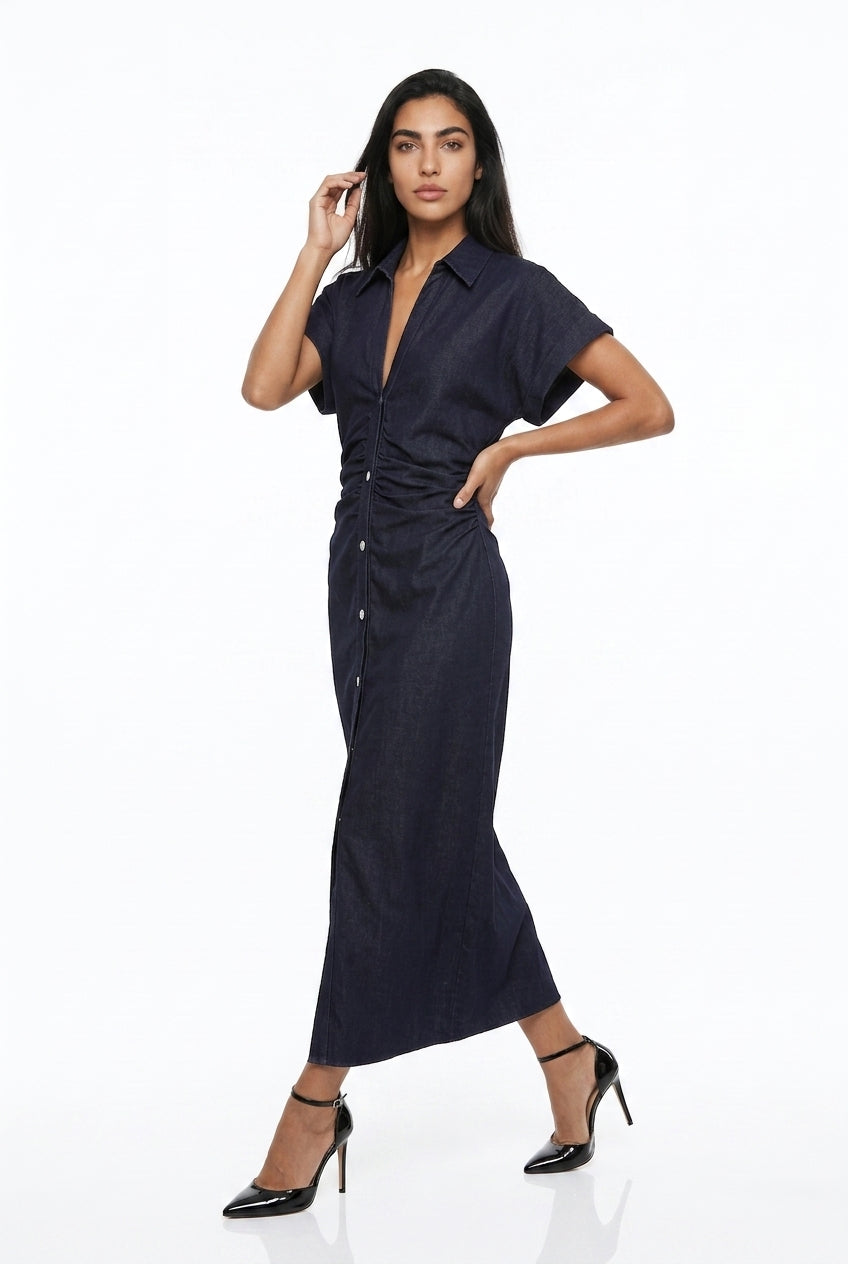 Women's Denim Midi Dress – Ruched Waist Button-Through