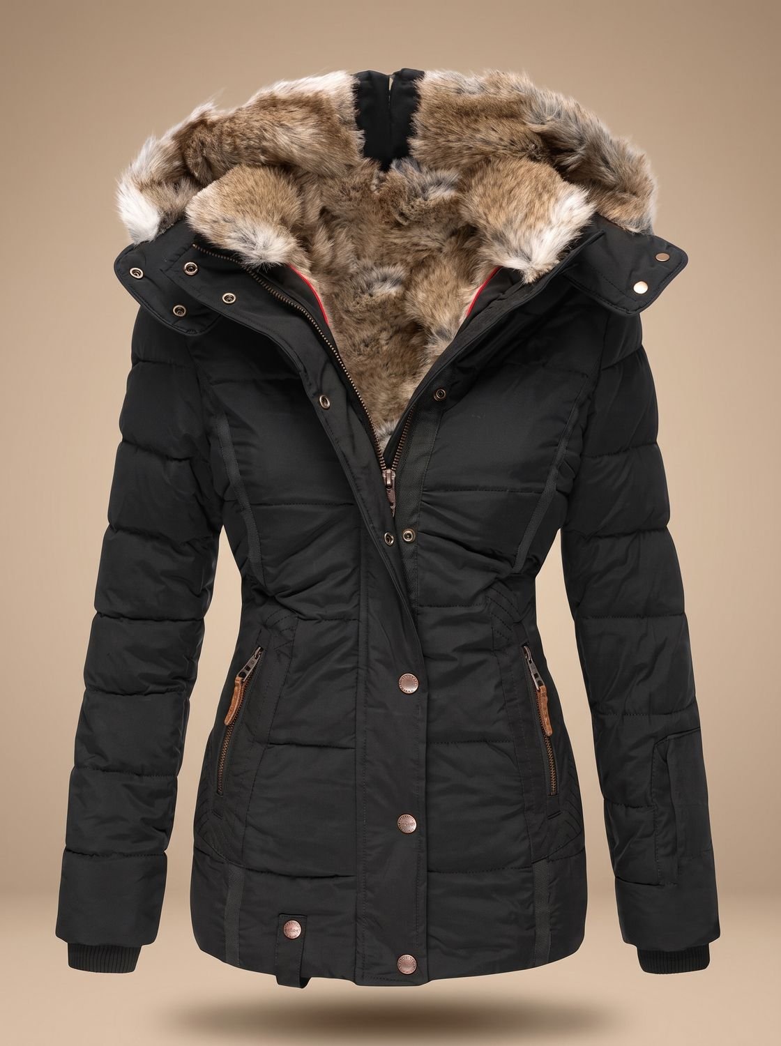 Women's Faux Fur Hood Quilted Puffer Coat – Black