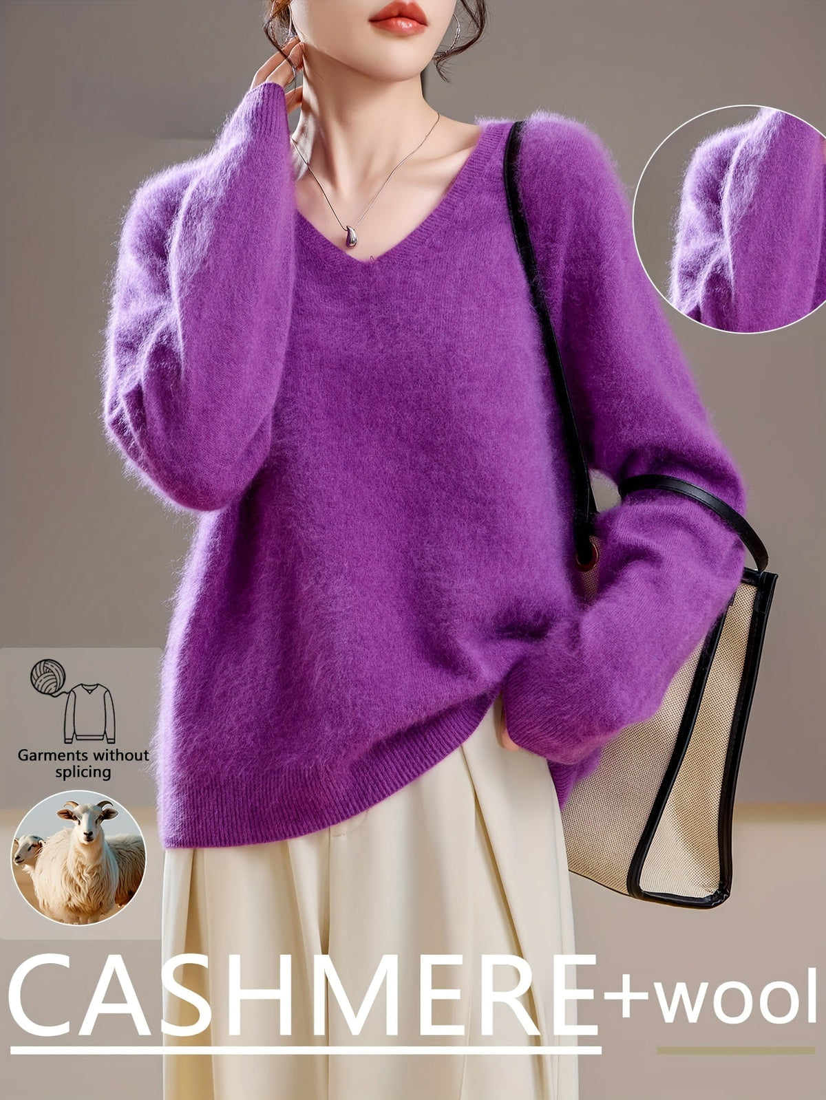 Women's Cashmere-Feel Wool-Blend V-Neck Jumper – Oversized Knit