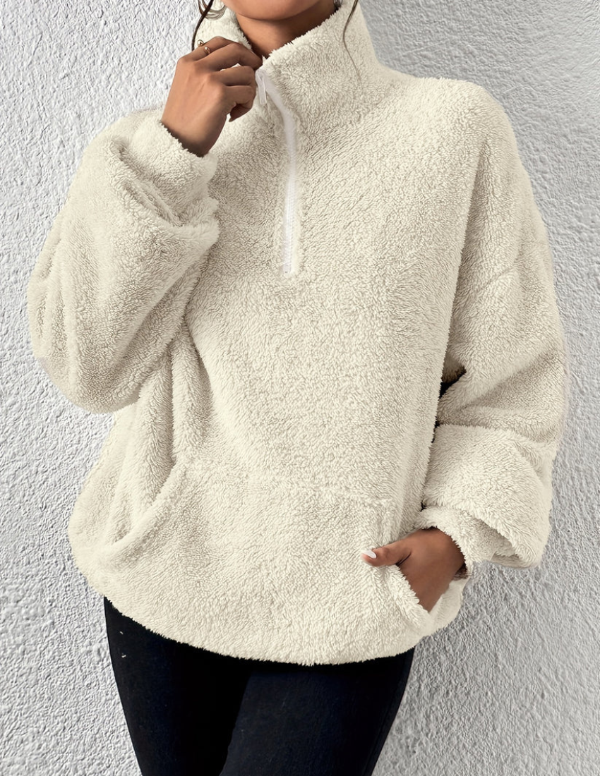 Women's Cream Teddy Fleece Half-Zip – High Neck Pullover