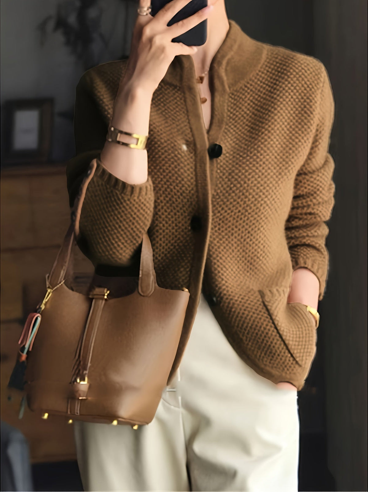 Women's Textured Knit Cardigan – Stand Collar Button Front