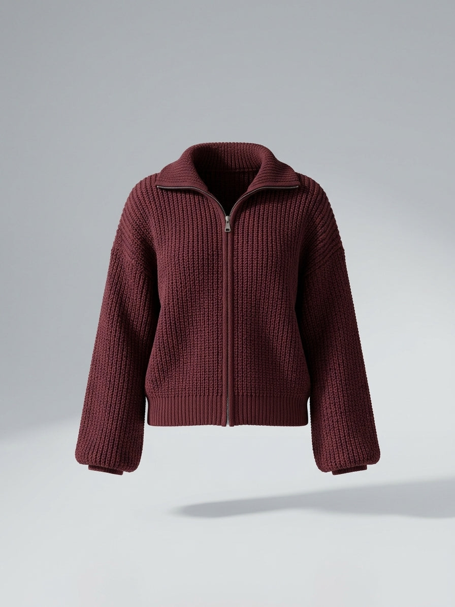 Women's Burgundy Chunky Zip-Up Cardigan – Cropped Knit