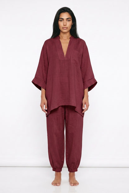 Women's Linen Co-ord Set – Oversized V-Neck Top & Tapered Trousers