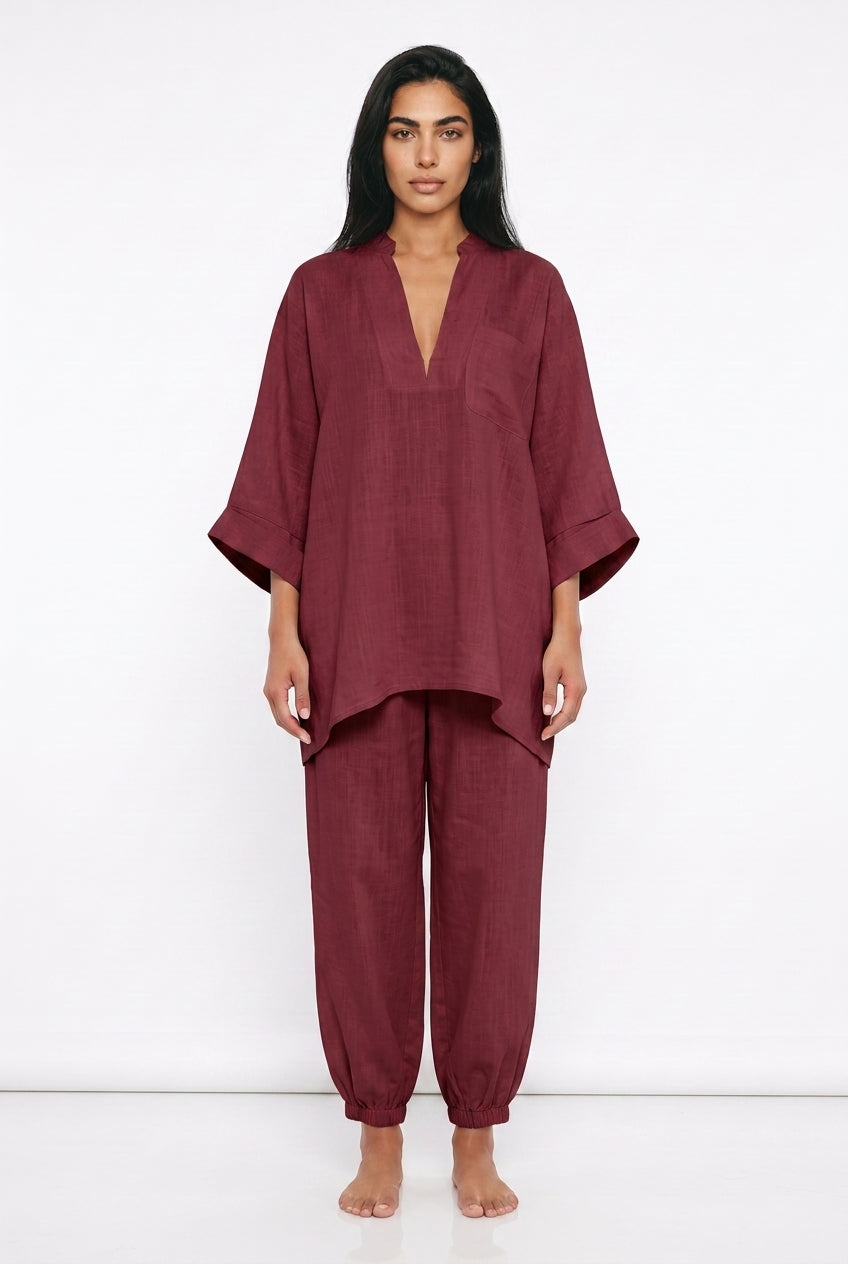Women's Linen Co-ord Set – Oversized V-Neck Top & Tapered Trousers