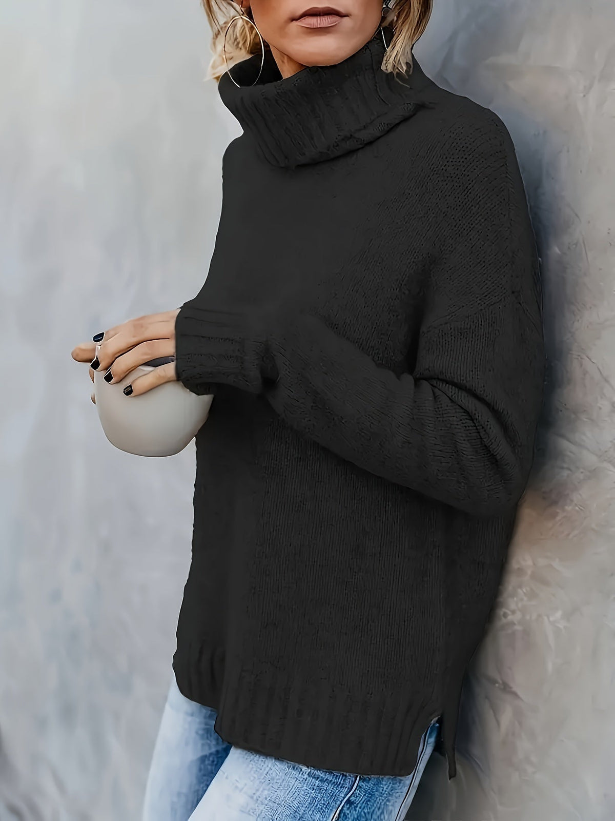 Women's Cowl Turtleneck Jumper – Split Hem Knit Sweater
