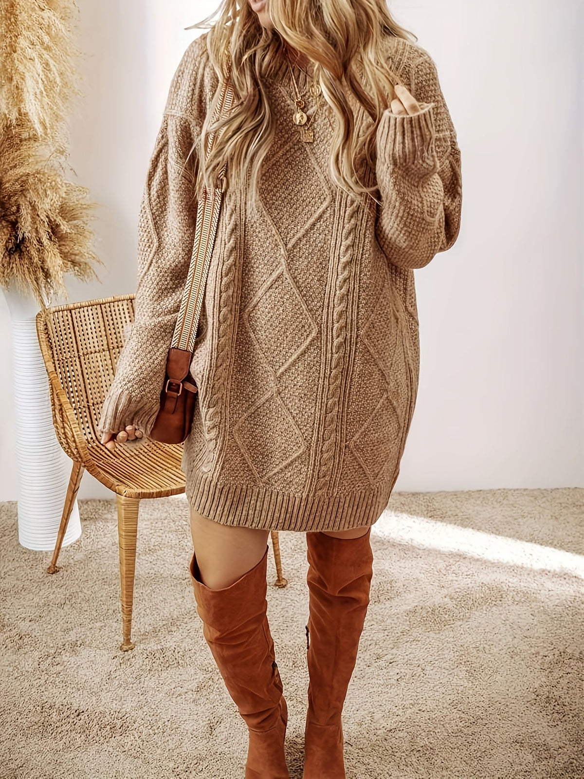 Women's Cable Knit Jumper Dress – Oversized Balloon Sleeve Dress
