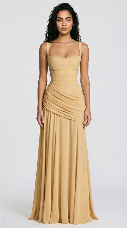Women's Wedding Guest Dress – Ruched Square Neck Maxi Dress