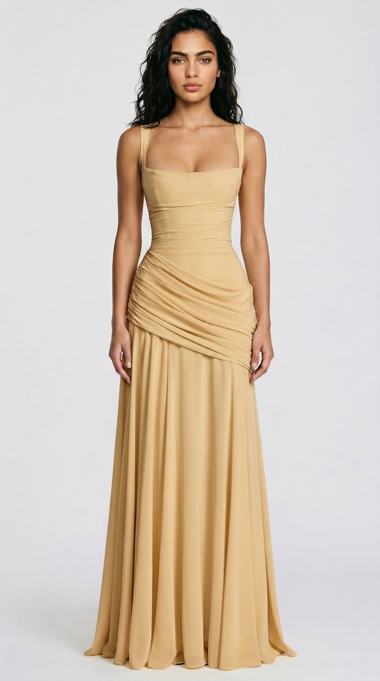 Women's Wedding Guest Dress – Ruched Square Neck Maxi Dress