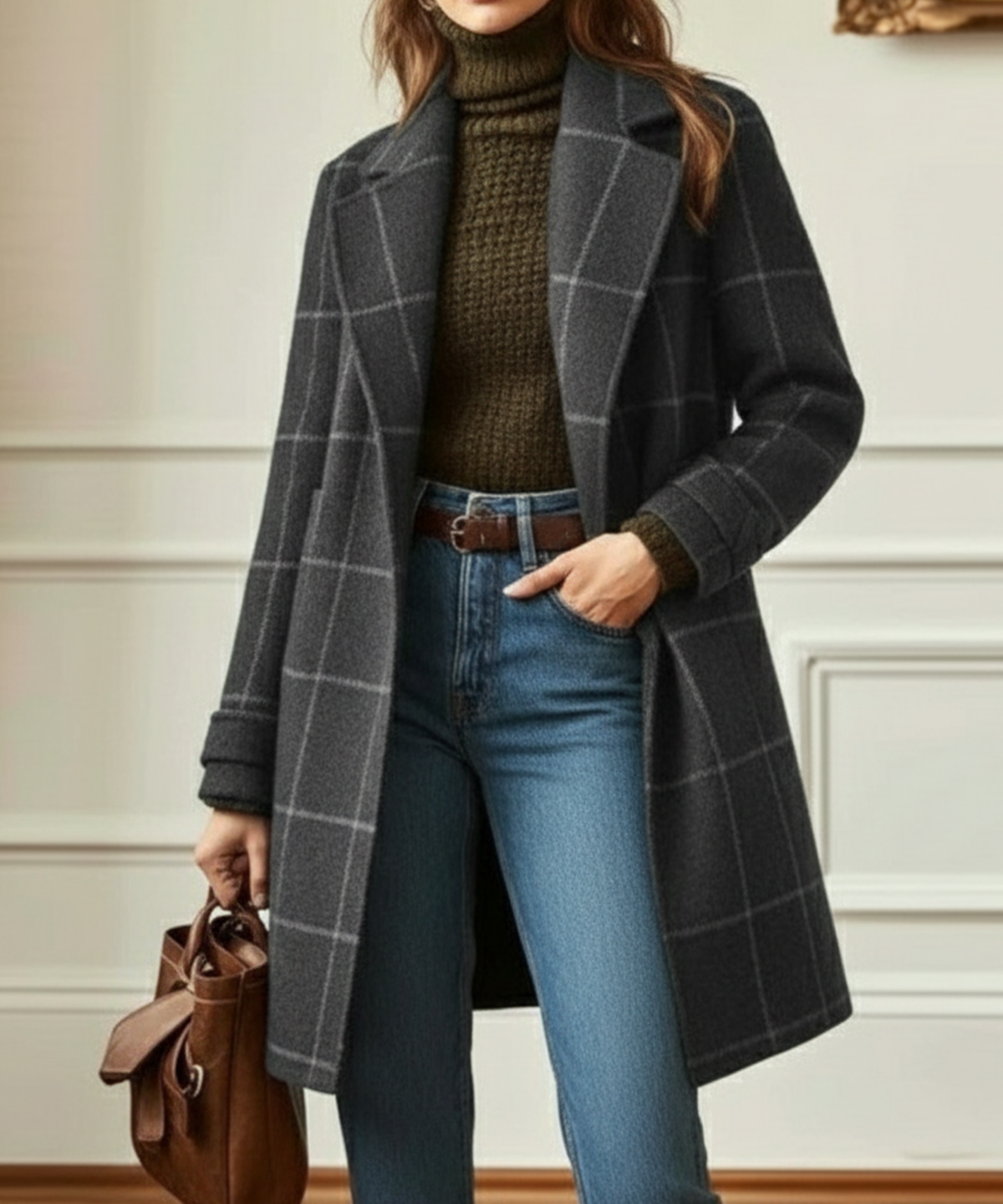 Women's Wool Check Coat – Lapel Collar – Grey