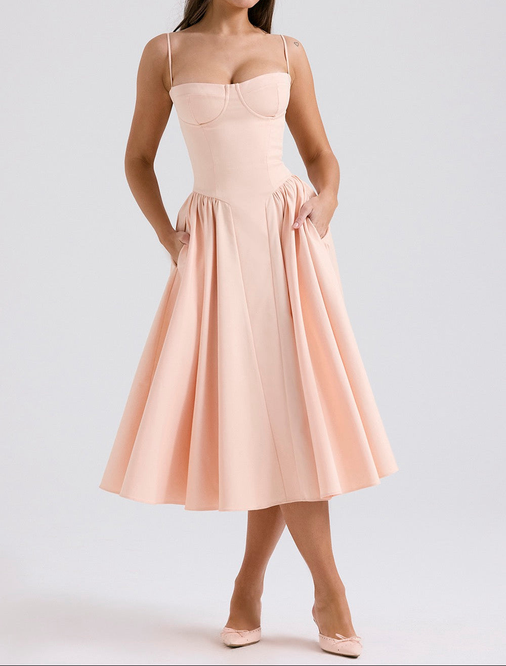 Women's Corset Midi Dress – Square Neck A-Line Dress with Pockets