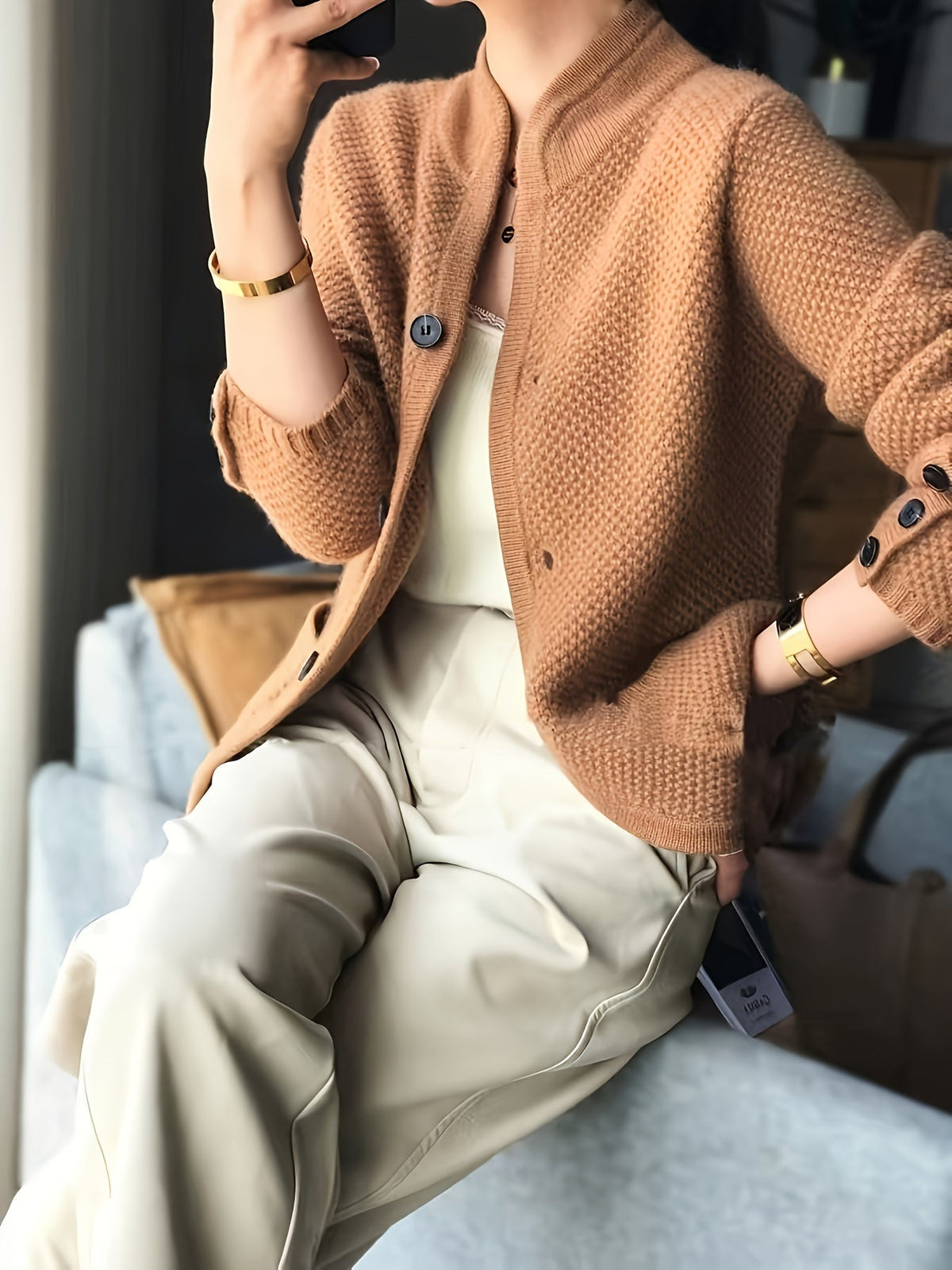 Women's Textured Knit Cardigan – Stand Collar Button Front
