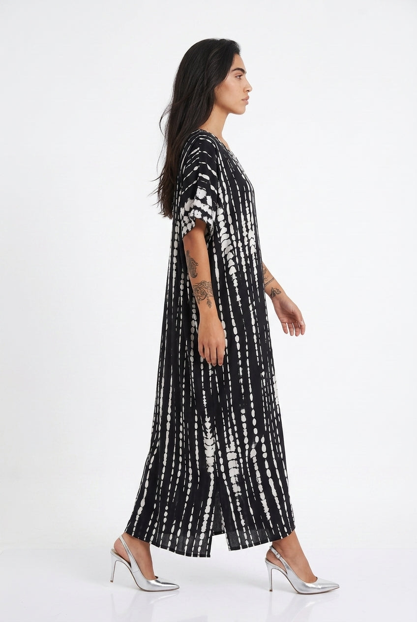 Women's Tie-Dye Kaftan Maxi Dress - Loose Fit, V-Neck Modest Cover-Up