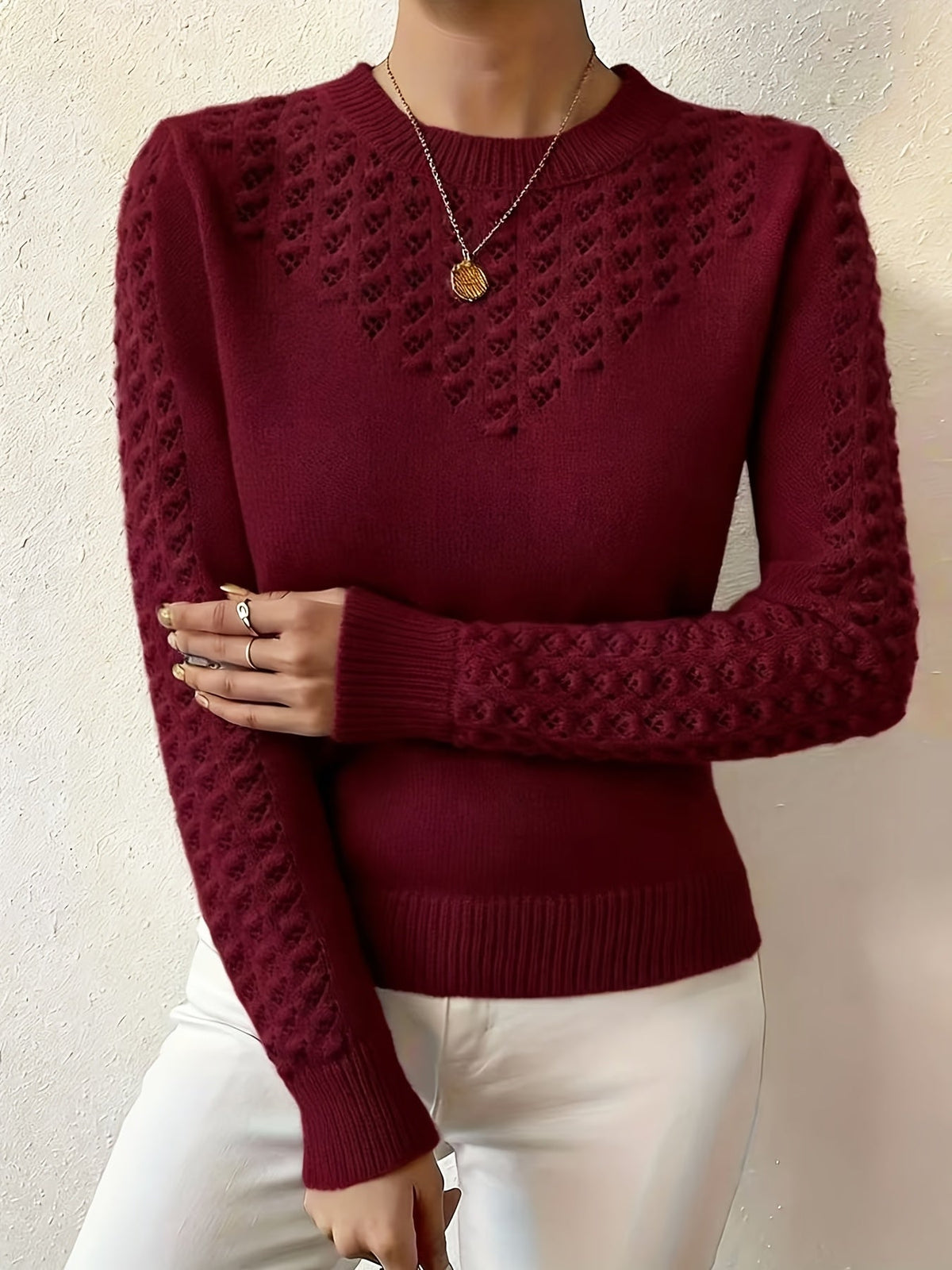 Women's Pointelle Knit Jumper – Crew Neck Sweater