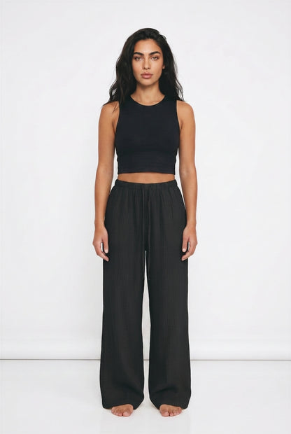 Women's Wide Leg Linen-Look Trousers – Elasticated Waist Relaxed Fit