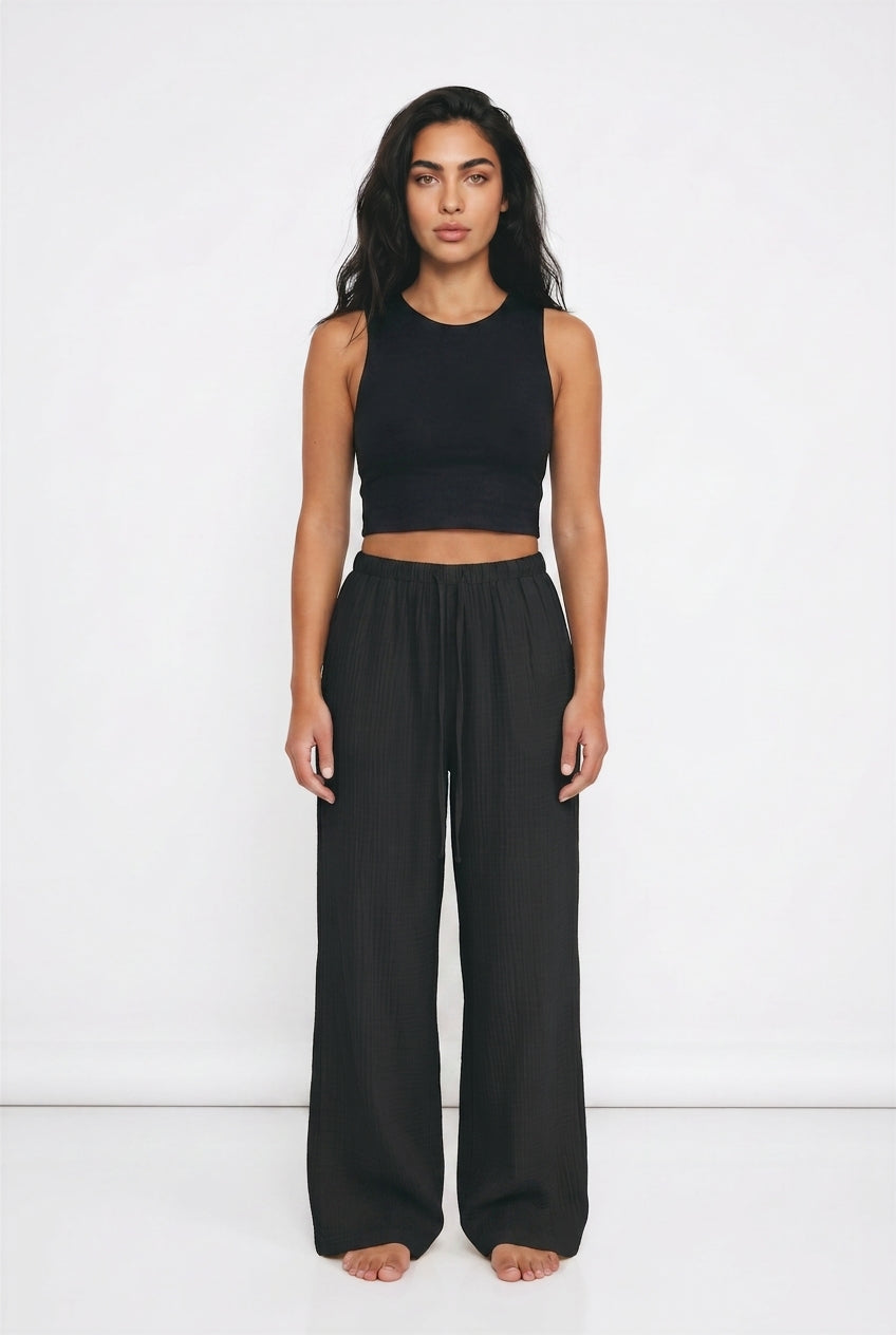 Women's Wide Leg Linen-Look Trousers – Elasticated Waist Relaxed Fit