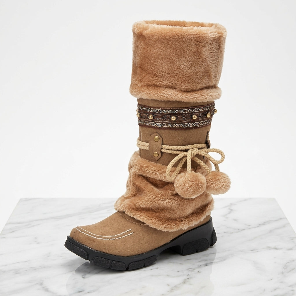 Women's Faux Fur Mid-Calf Winter Boots with Beaded Trim