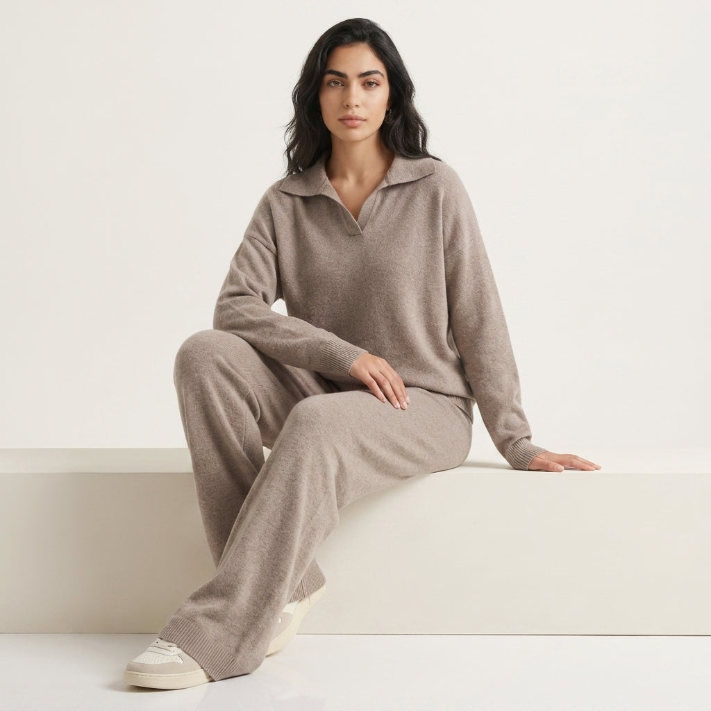 Women's Knitted Co-ord Set – Polo Collar & Wide Leg Trousers