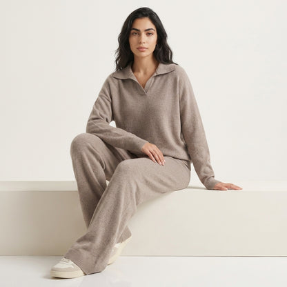 Women's Knitted Co-ord Set – Polo Collar & Wide Leg Trousers