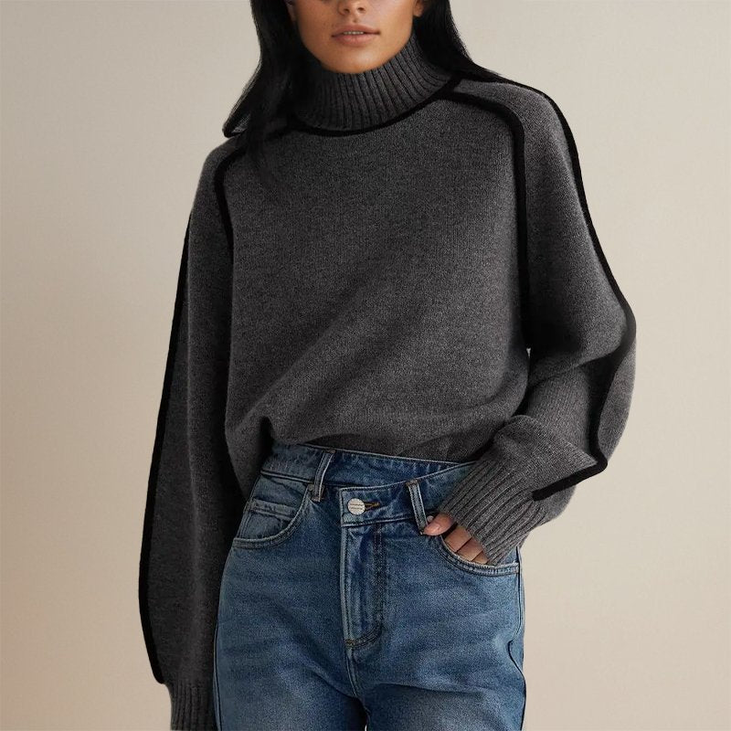 Women's Colour-Block Roll Neck Jumper – Contrast Trim Knit