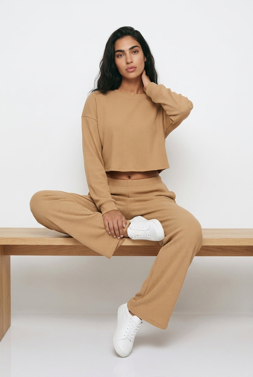Waffle Knit Lounge Set – Crop Top & Wide Leg Trousers