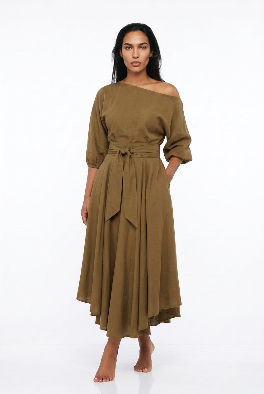Women's Off-Shoulder Midi Dress – Belted A-Line